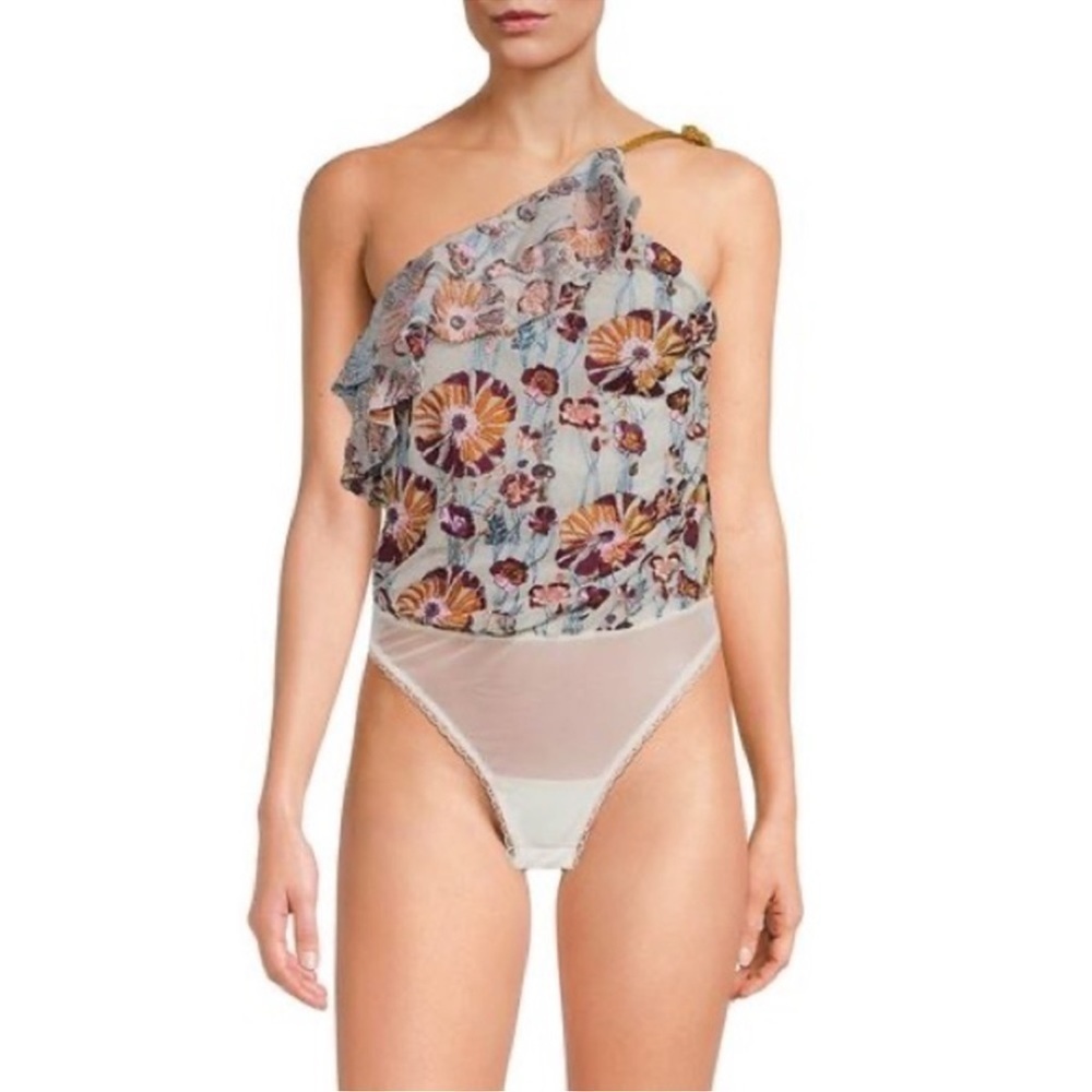 FREE PEOPLE Day Date boho ruffle frill one shoulder embroidered bodysuit - Picture 2 of 4